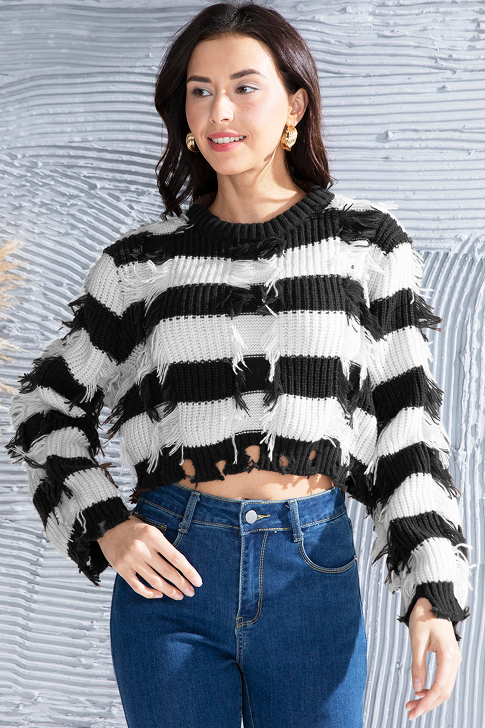 Striped Fringe Round Neck Sweater-Angel Casuals