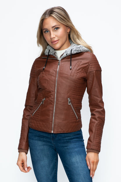 YMI Faux Layered Double-Zipper Jacket with Fuzzy Hood-Angel Casuals