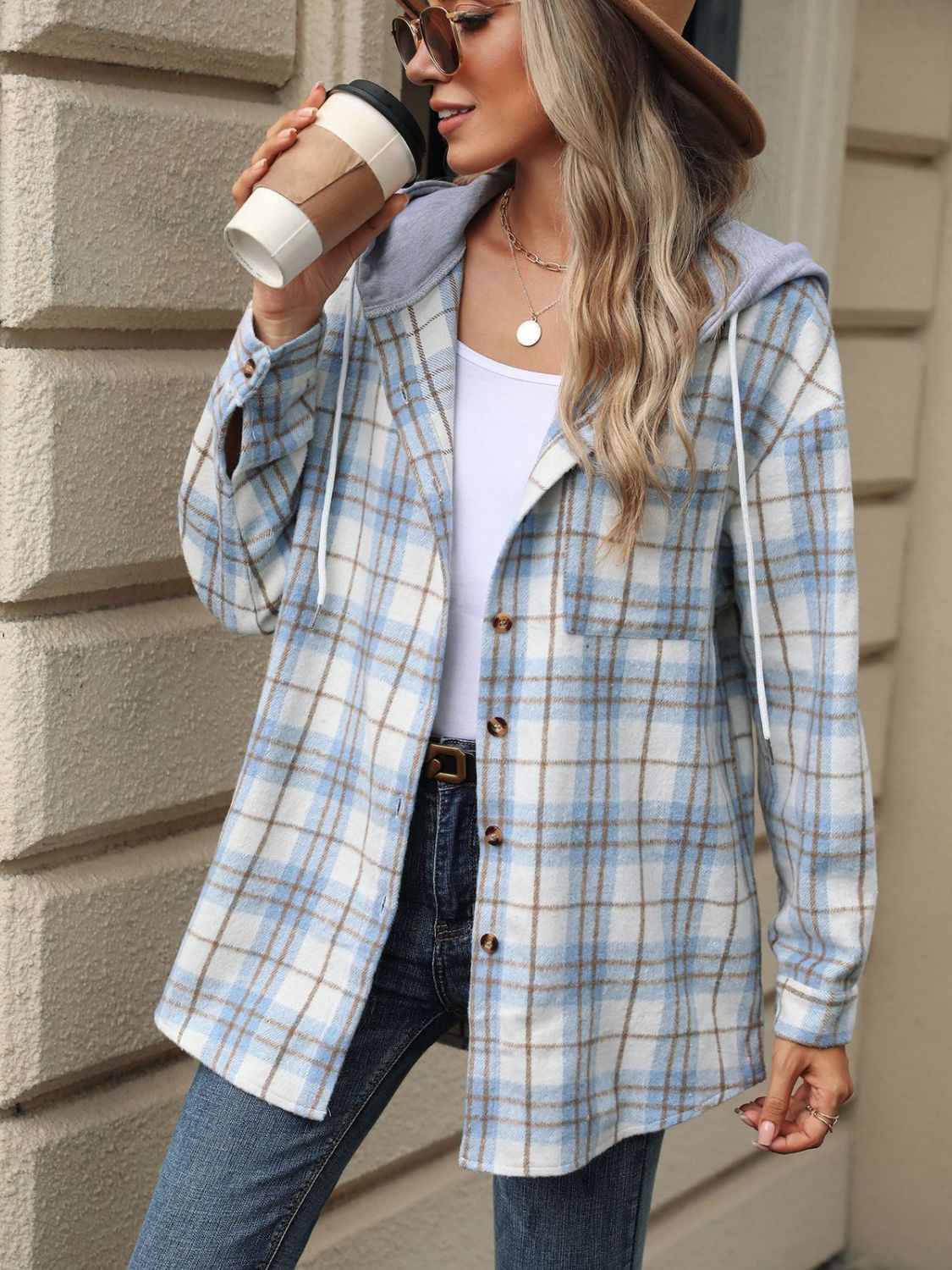 Drawstring Plaid Button Up Hooded Jacket-Angel Casuals
