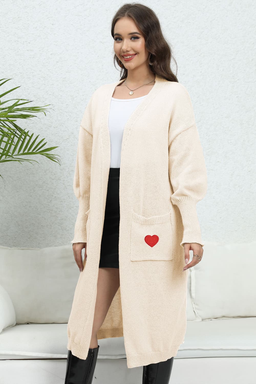 Lantern Sleeve Open Front Pocketed Cardigan-Angel Casuals