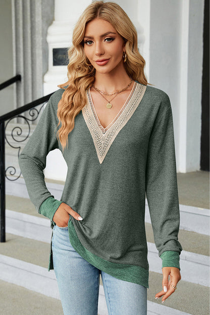 Slit V-Neck Long Sleeve T-Shirt-Angel Casuals