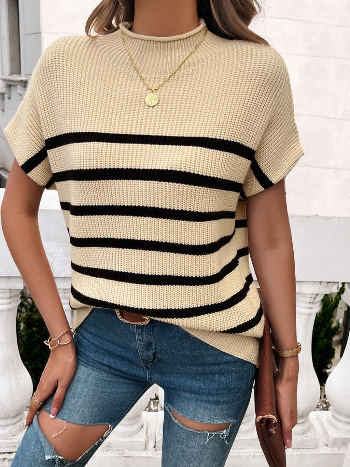 Devine Striped Mock Neck Short Sleeve Sweater-Angel Casuals