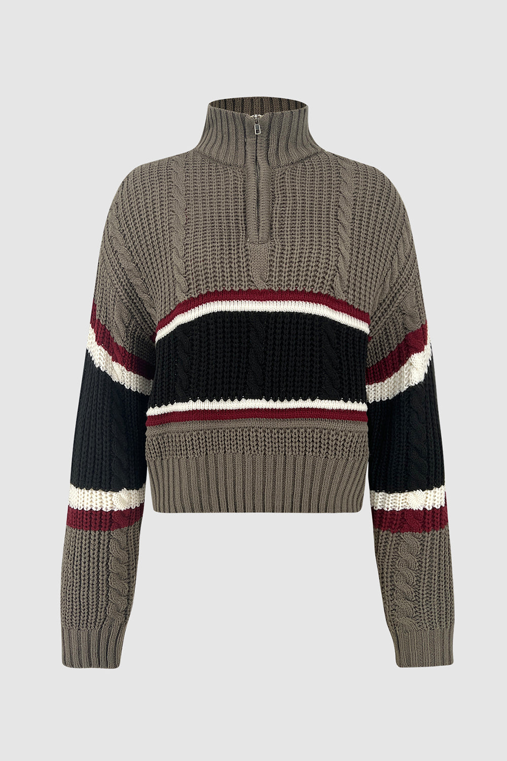 Cable-Knit Striped Quarter Zip Turtleneck Sweater-Angel Casuals