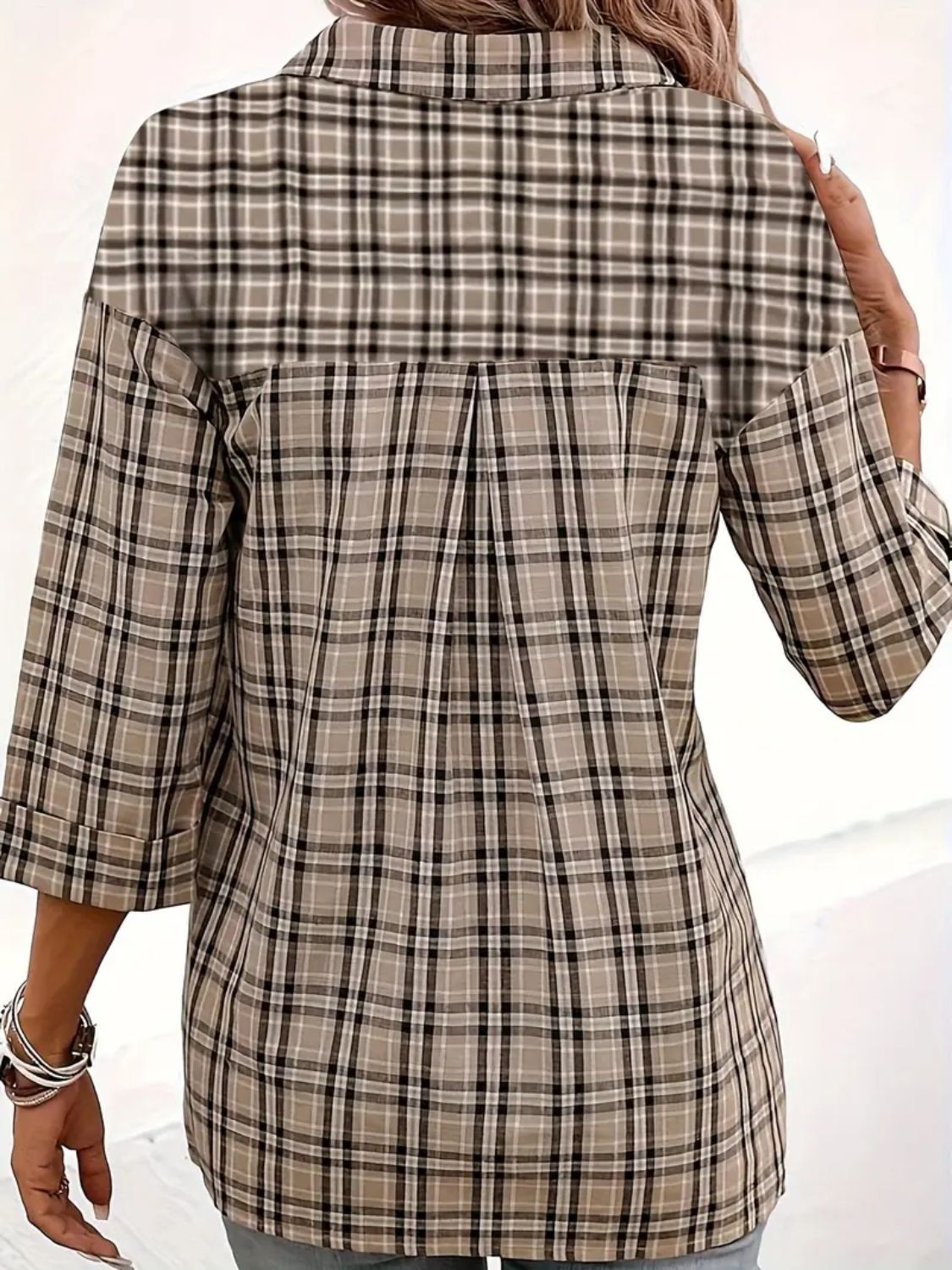 Plaid Johhny Collar Three-Quarter Sleeve T-Shirt-Angel Casuals