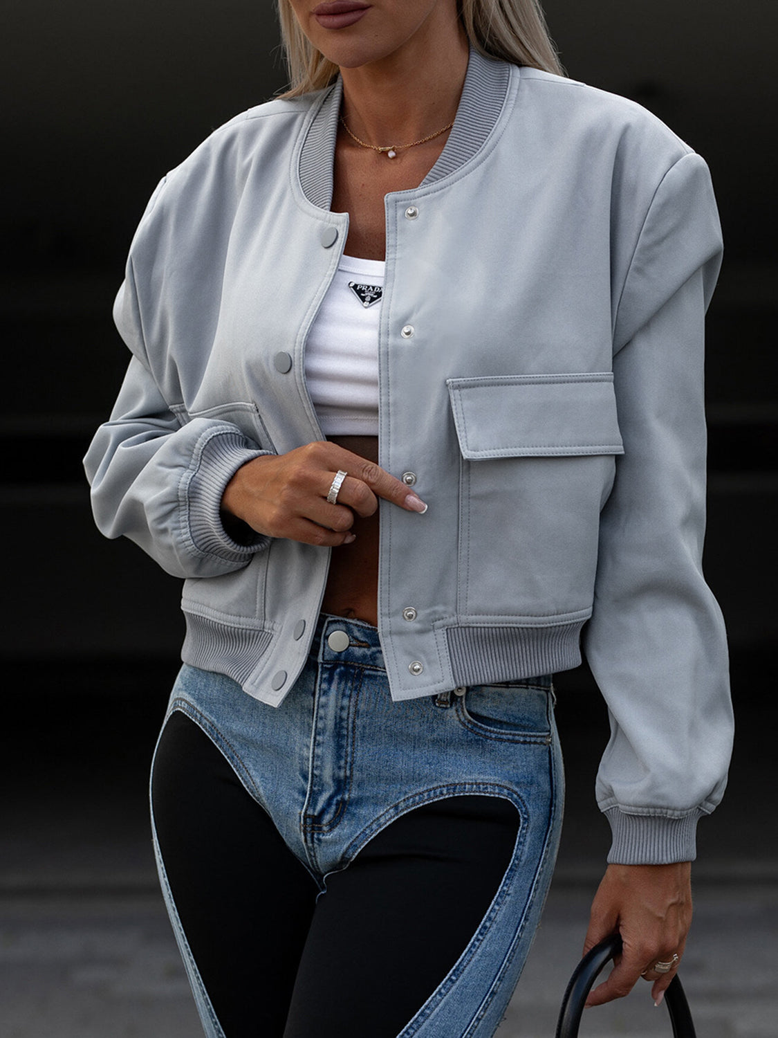 Pocketed Snap Down Baseball Collar Jacket-Angel Casuals