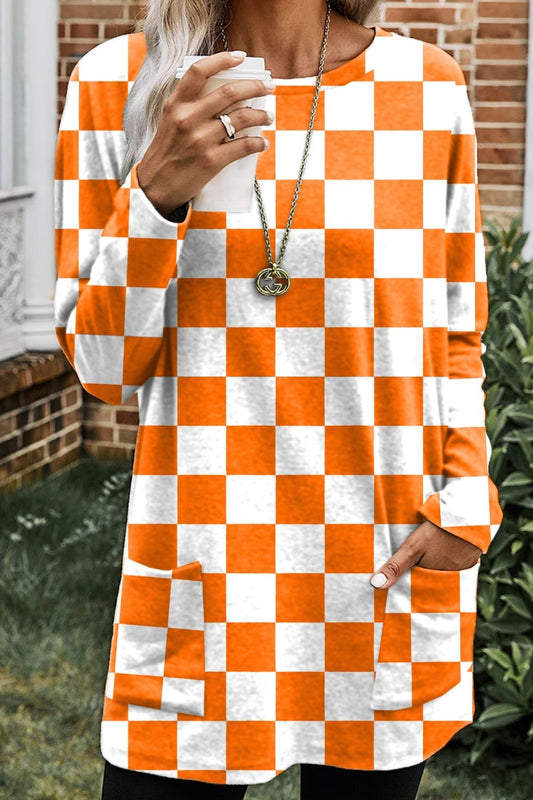 Checkered Round Neck Long Sleeve T-Shirt with Pockets-Angel Casuals
