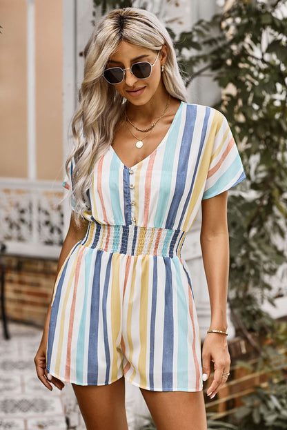 Multicolored Stripe V-Neck Smocked Waist Romper-Angel Casuals