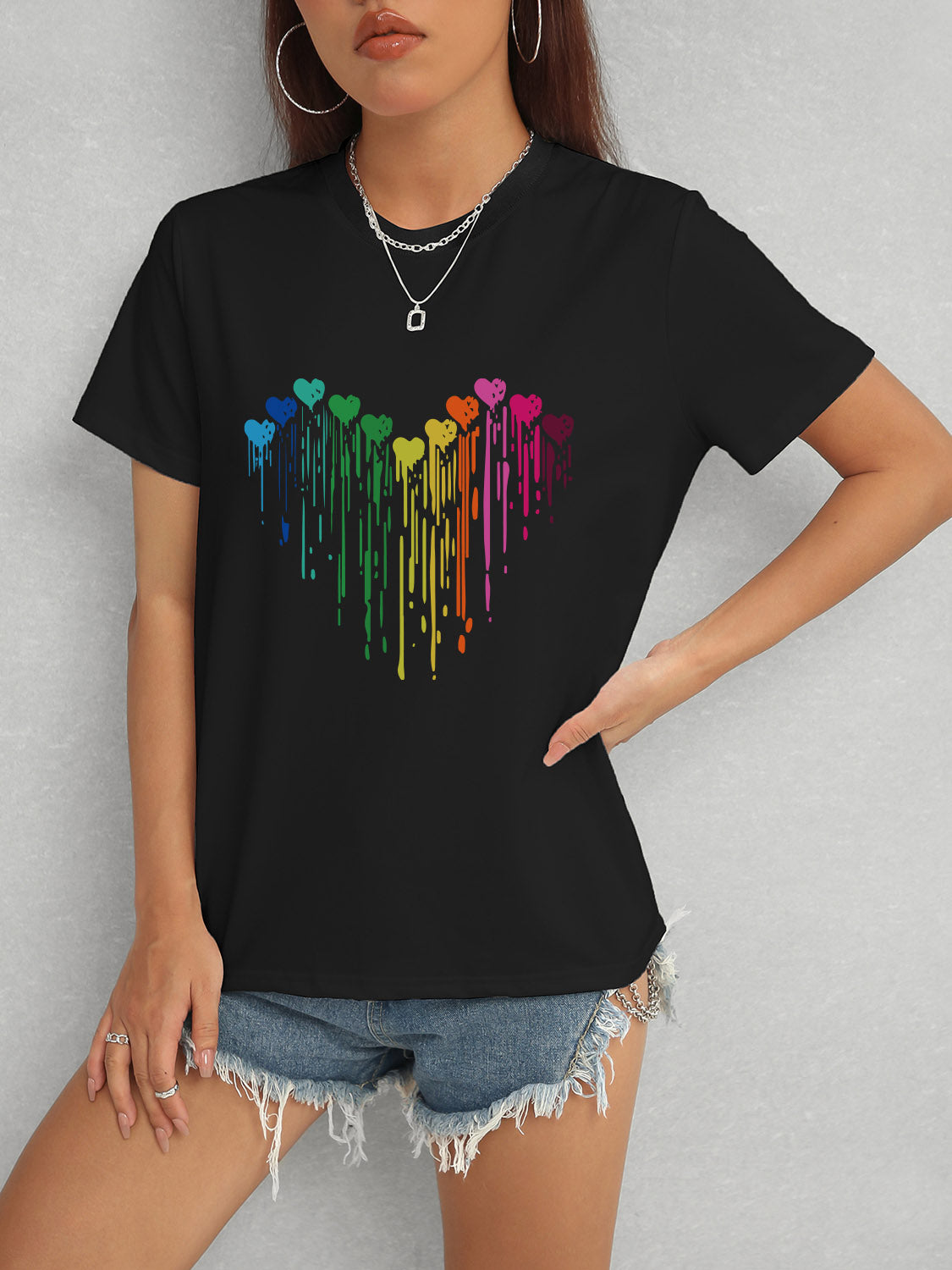 Heart Round Neck Short Sleeve T-Shirt-Angel Casuals