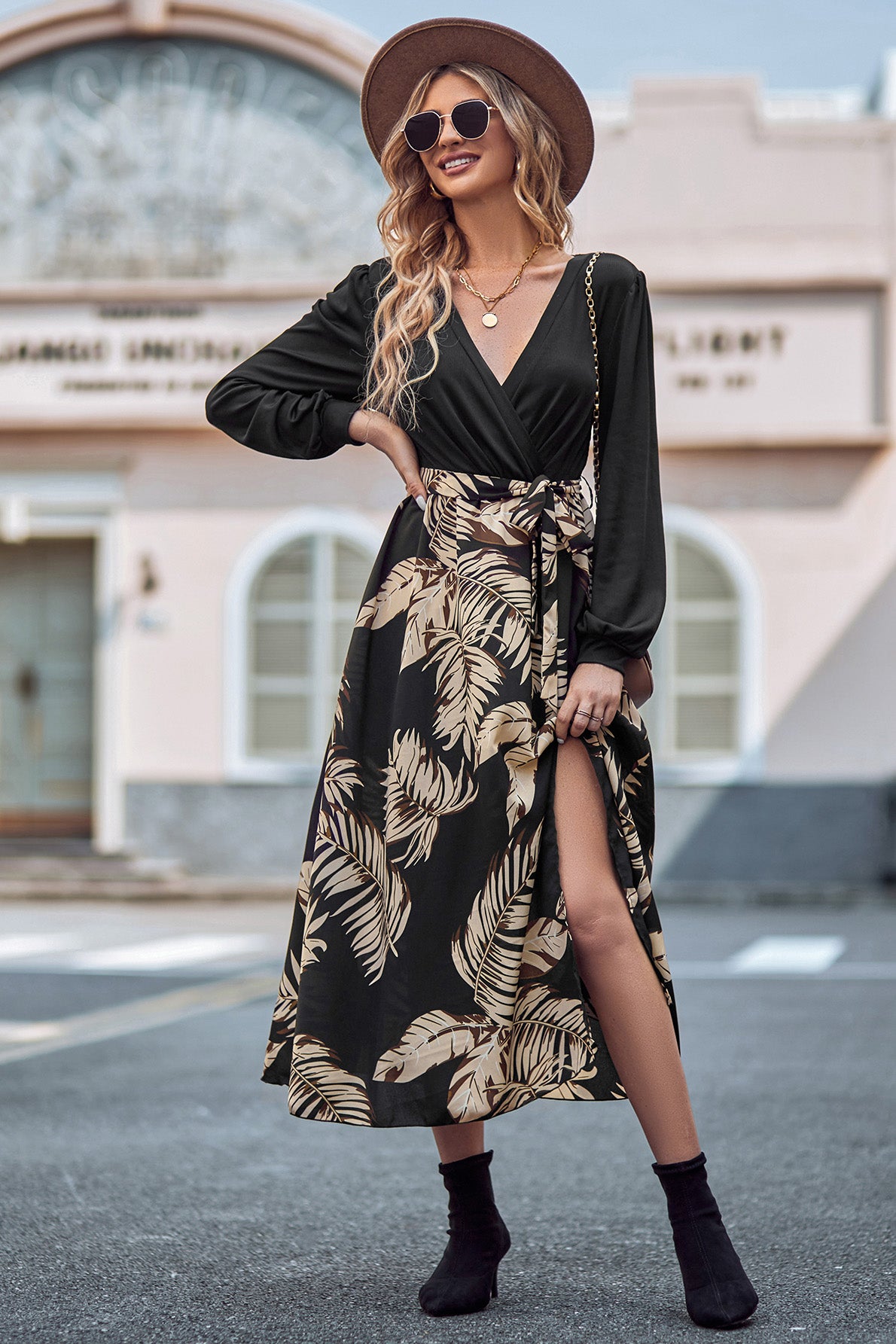 Printed Tie Waist Long Sleeve Dress-Angel Casuals