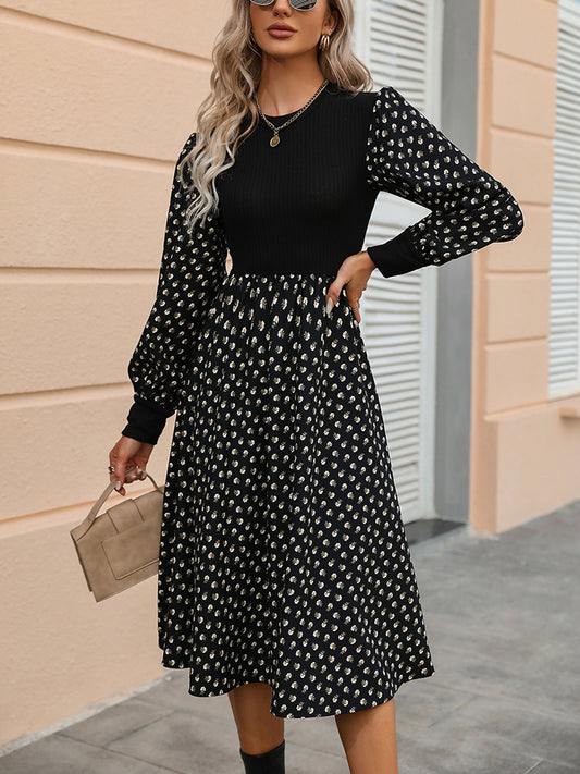 Printed Round Neck Long Sleeve Dress-Angel Casuals