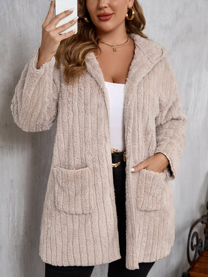 Plus Size Open Front Long Sleeve Hooded Fuzzy Jacket-Angel Casuals