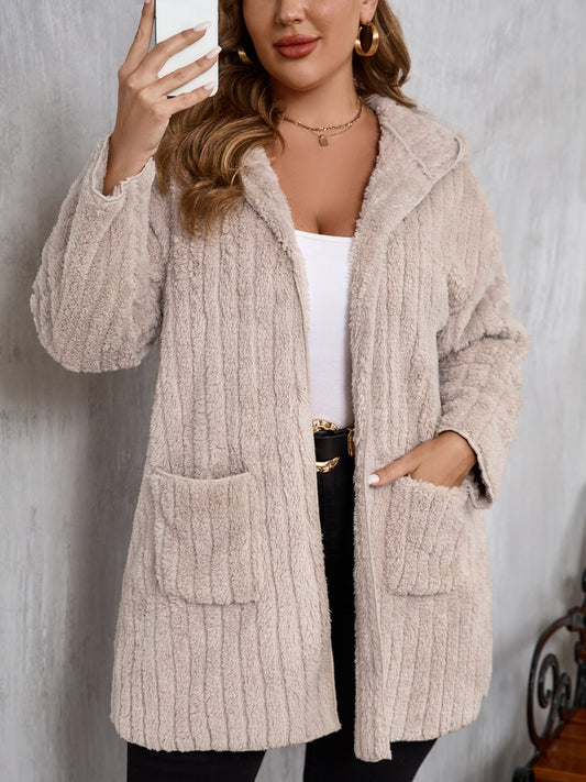 Plus Size Open Front Long Sleeve Hooded Fuzzy Jacket-Angel Casuals