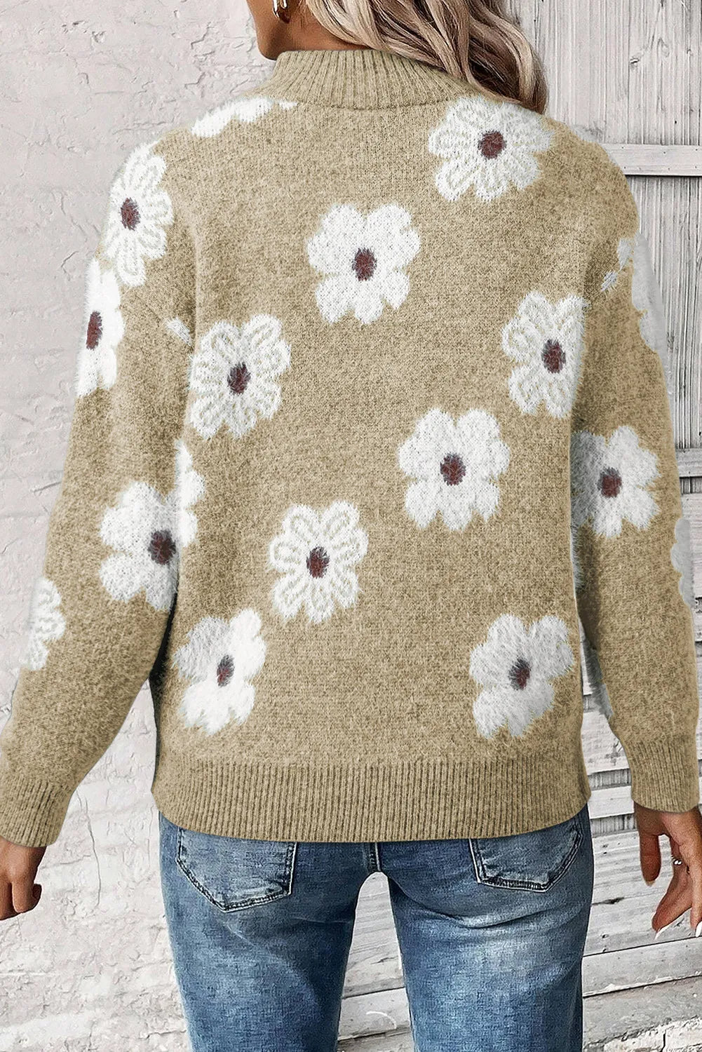 Flower Half Zip Long Sleeve Sweater-Angel Casuals