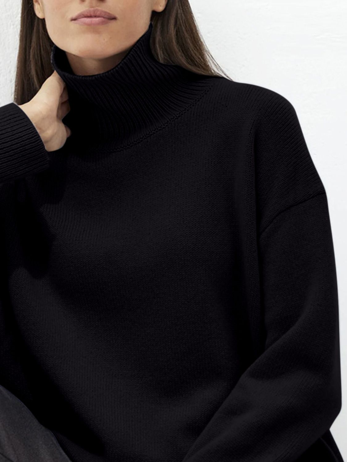 Ribbed Detail Turtleneck Dropped Shoulder Sweater-Angel Casuals