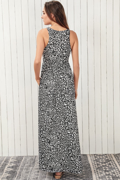 Leopard Round Neck Sleeveless Maxi Dress-Angel Casuals