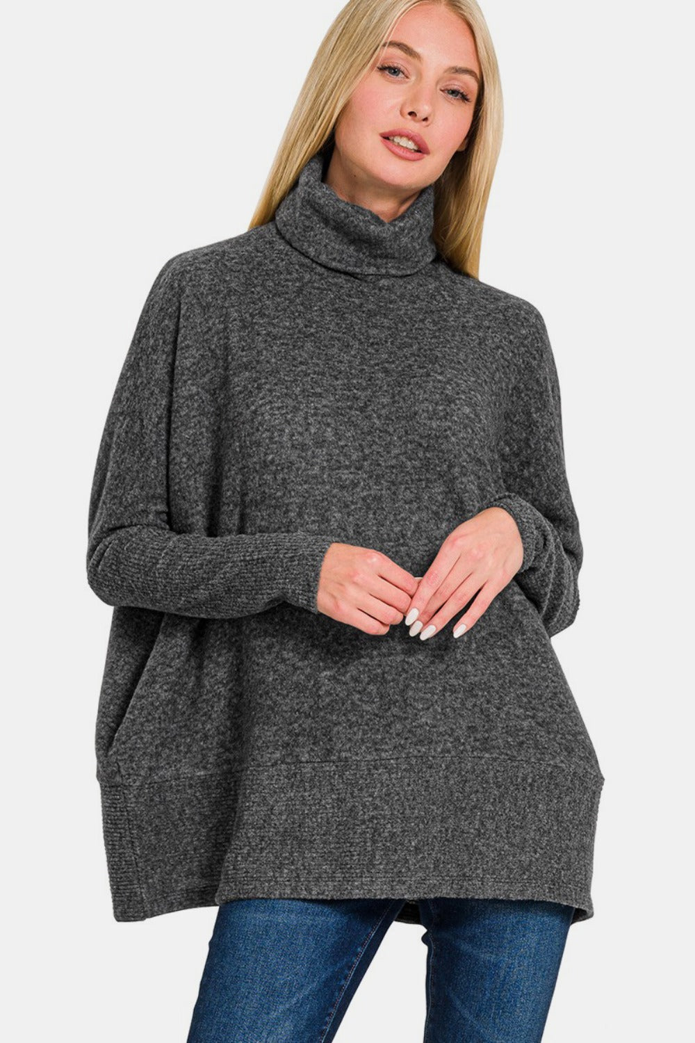 Zenana Full Size Brushed Melange Hacci Turtleneck Sweater-Angel Casuals