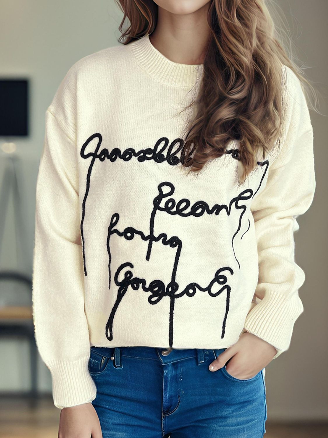 Letter Contrast Round Neck Dropped Shoulder Sweater-Angel Casuals