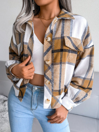 Plaid Collared Neck Long Sleeve Jacket-Angel Casuals