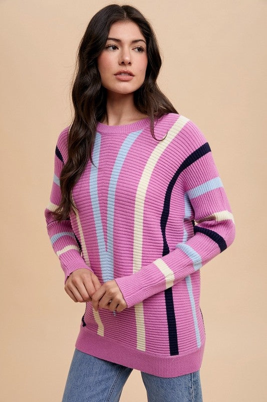 Annie Wear Chevron Stripe Round Neck Ribbed Sweater-Angel Casuals