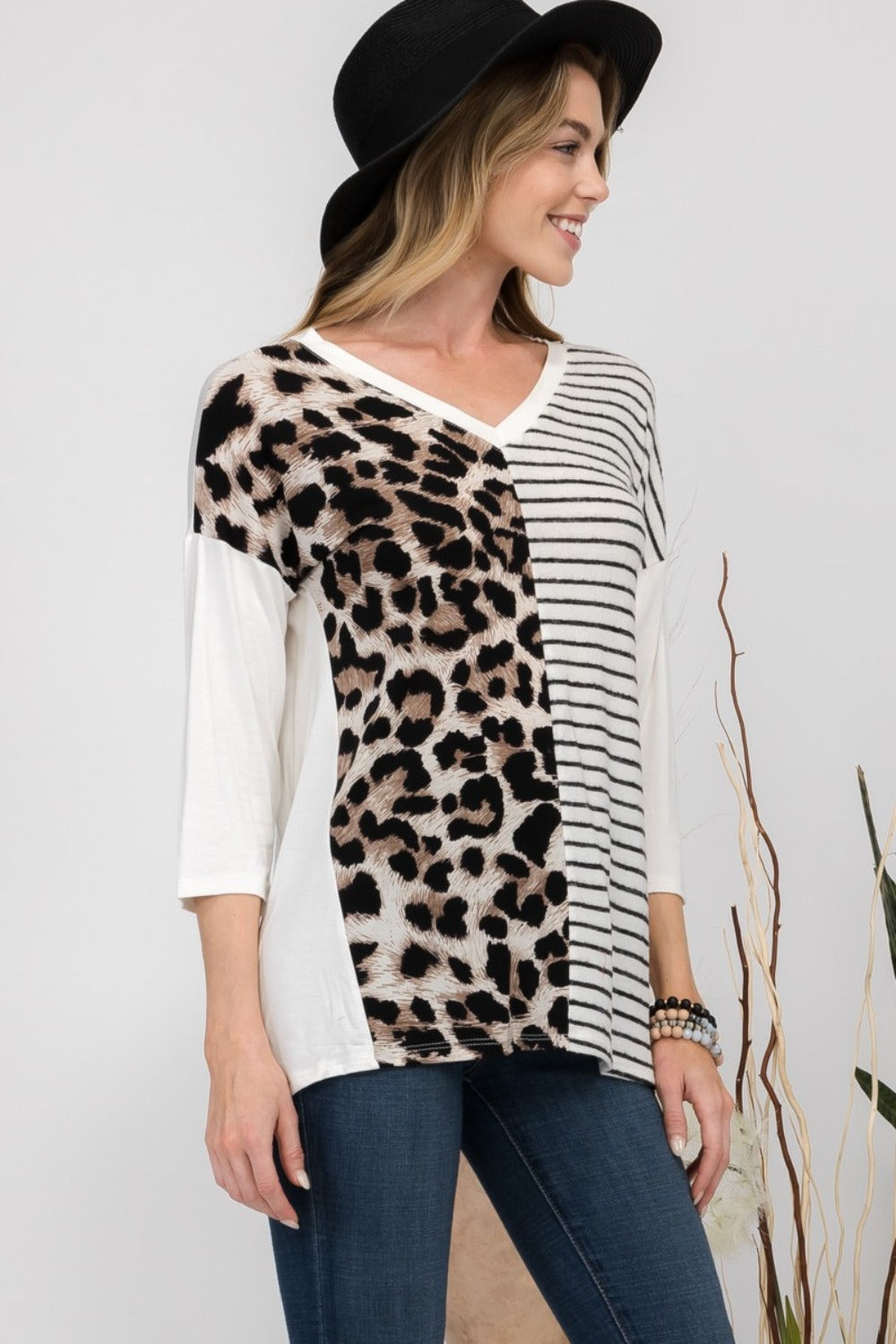 Celeste Full Size Front Leopard and Striped Print V-Neck T-Shirt-Angel Casuals