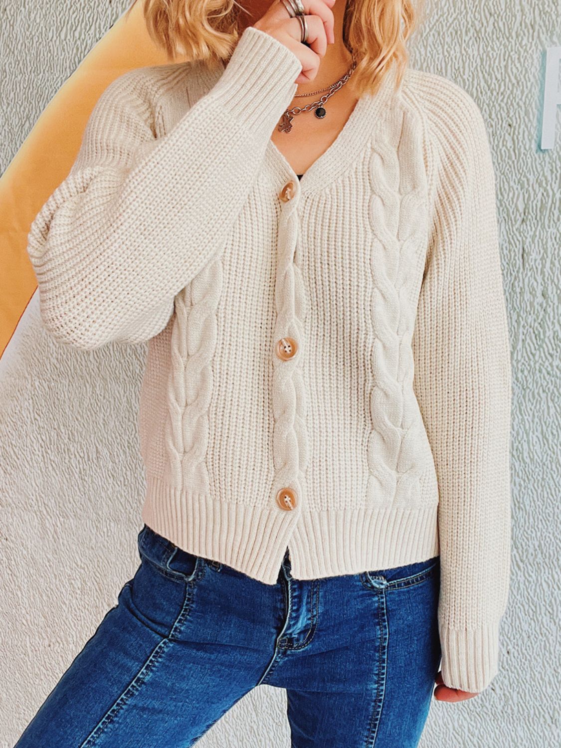 Cable-Knit V-Neck Button Down Long Sleeve Cardigan-Angel Casuals