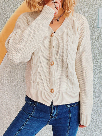 Cable-Knit V-Neck Button Down Long Sleeve Cardigan-Angel Casuals