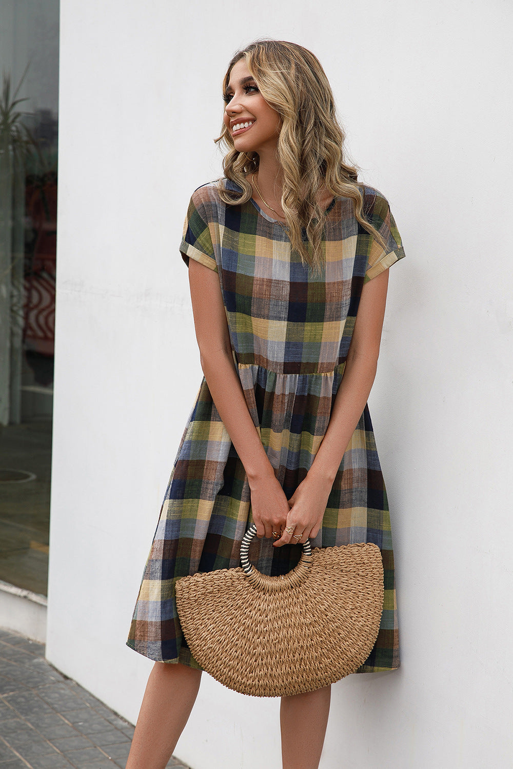 Plaid Round Neck Cap Sleeve Dress-Angel Casuals
