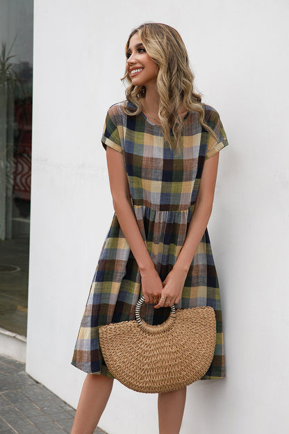 Plaid Round Neck Cap Sleeve Dress-Angel Casuals