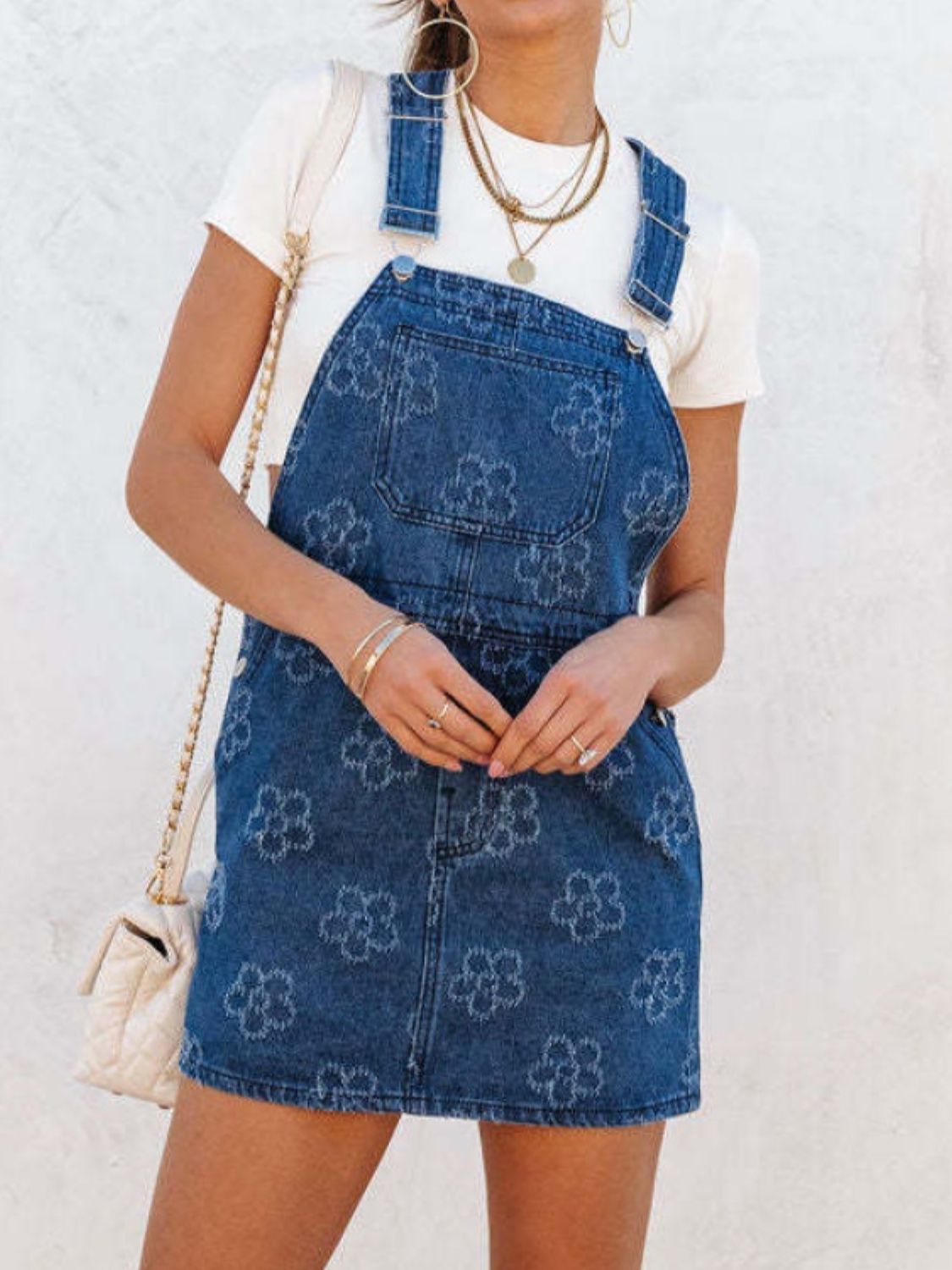 Flower Wide Strap Denim Overall Dress with Pockets-Angel Casuals