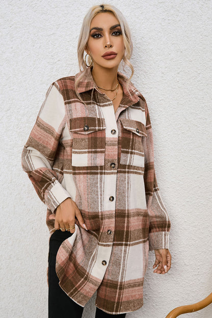 Plaid Collared Neck Longline Jacket-Angel Casuals