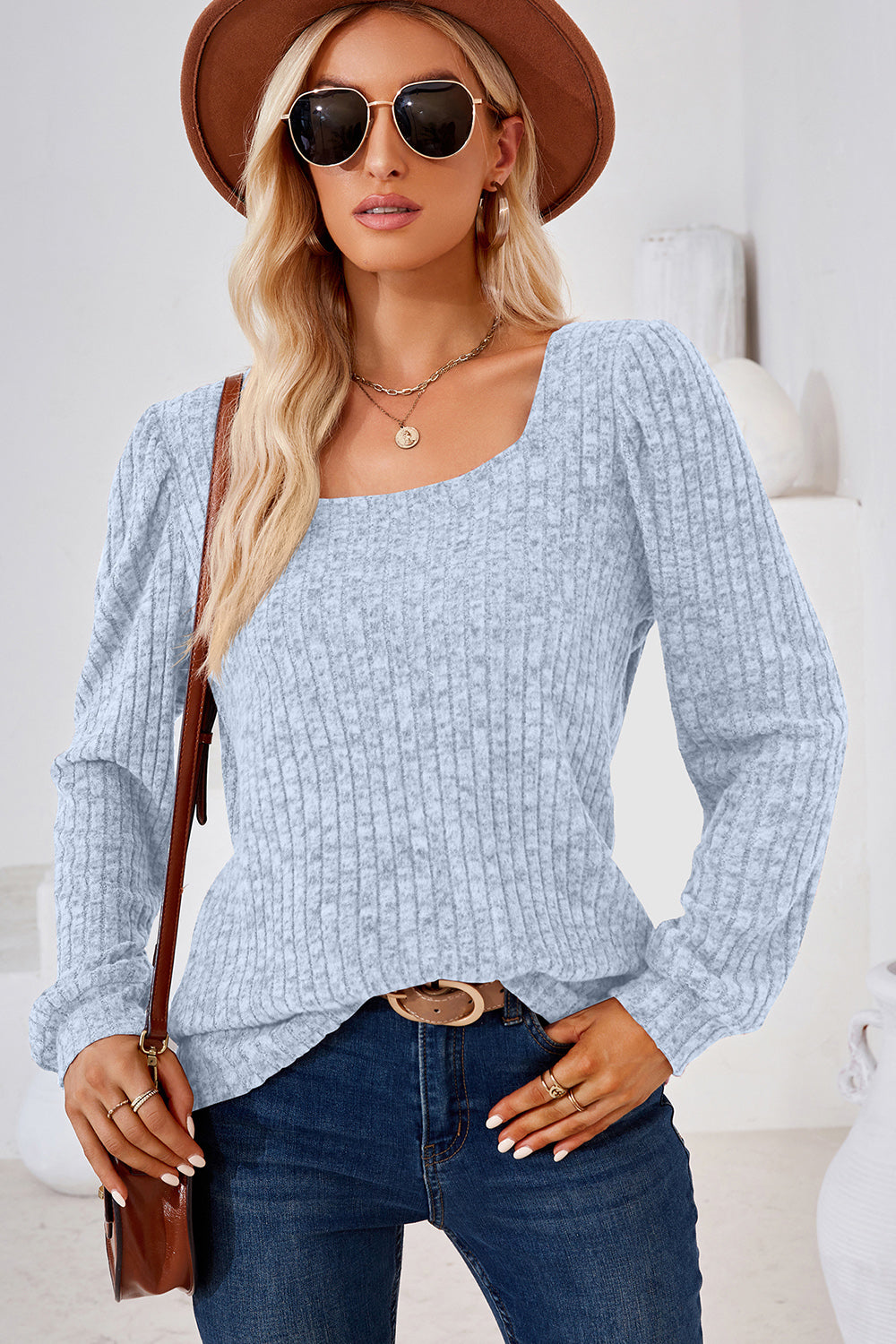 Ribbed Square Neck Long Sleeve T-Shirt-Angel Casuals