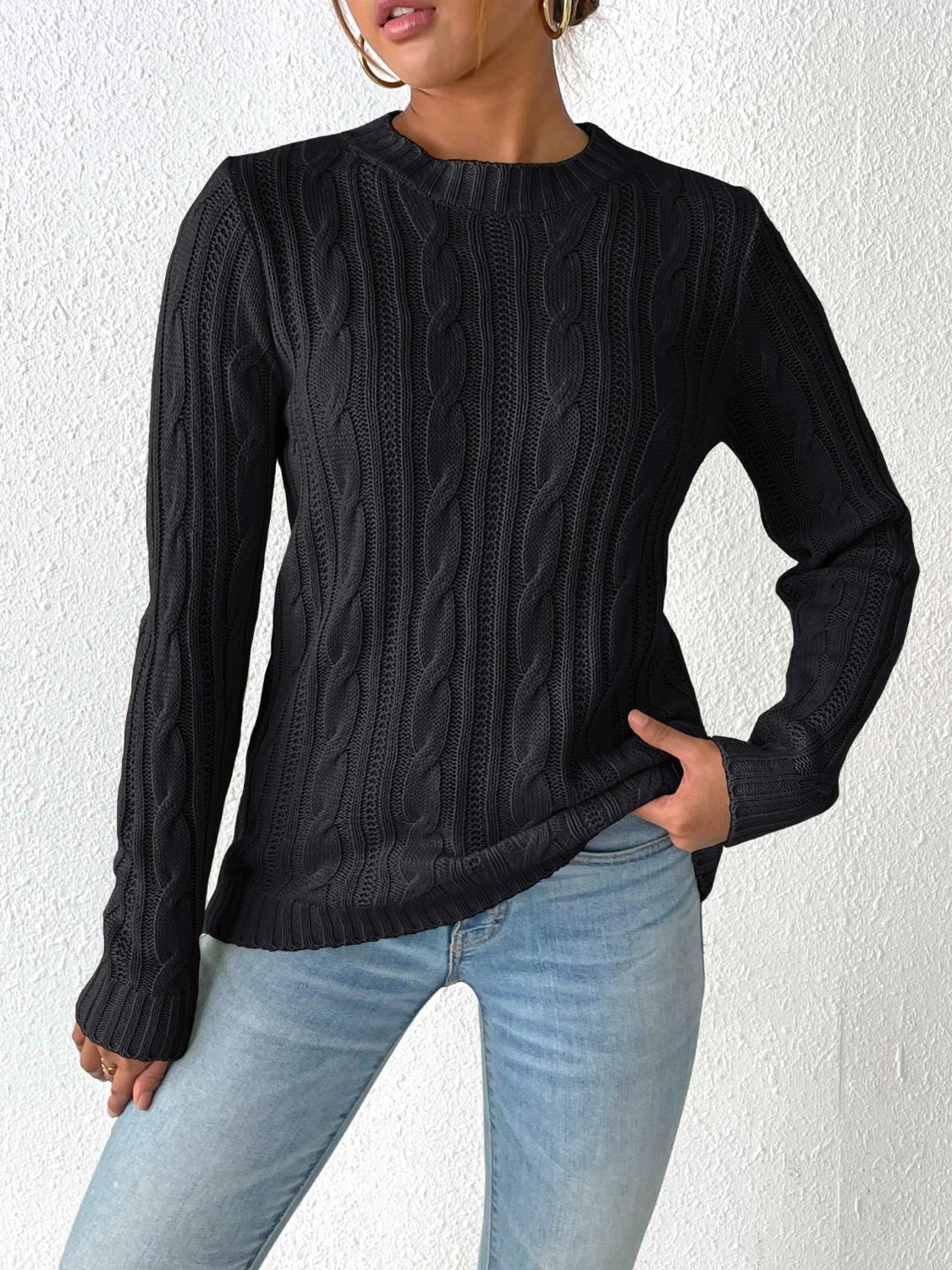 Cable-Knit Round Neck Sweater-Angel Casuals