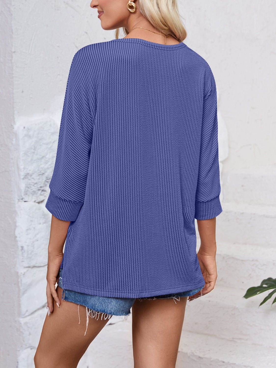 Textured Round Neck Three-Quarter Sleeve Blouse-Angel Casuals