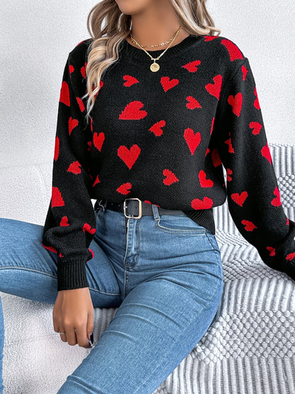 Heart Round Neck Long Sleeve Sweater-Angel Casuals