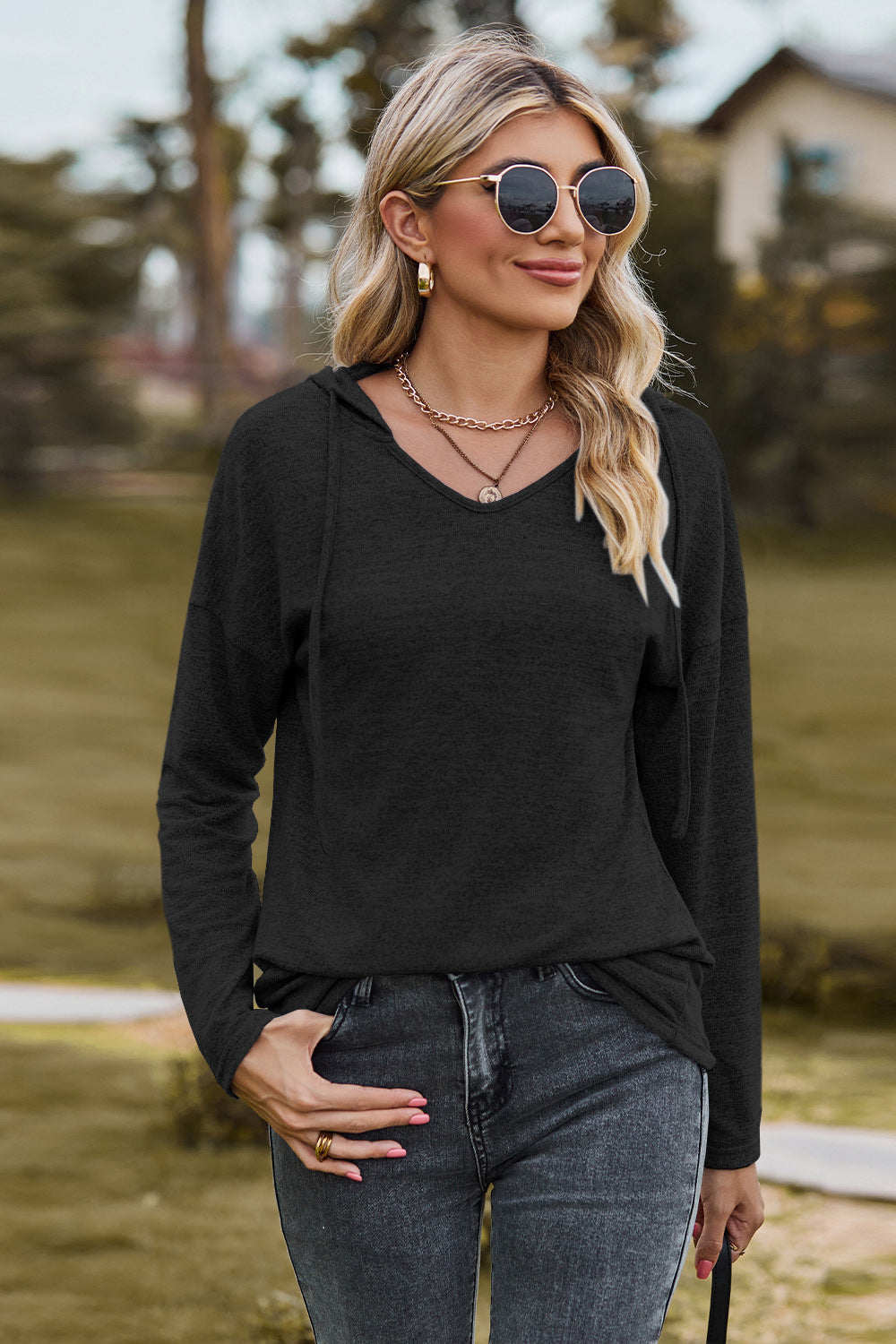 Drawstring Dropped Shoulder Hooded T-Shirt-Angel Casuals