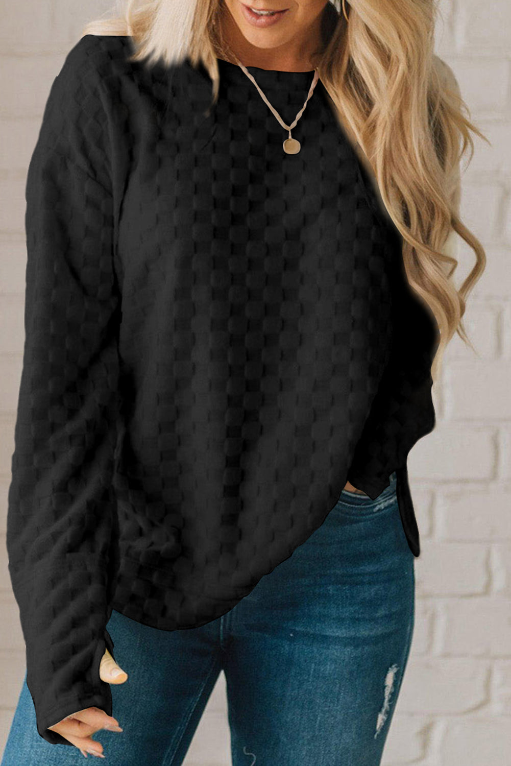 Checkered Round Neck Long Sleeve T-Shirt-Angel Casuals