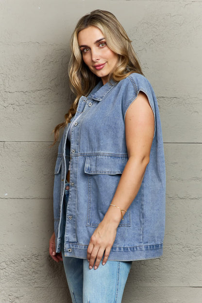 Collared Neck Sleeveless Denim Top with Pockets-Angel Casuals