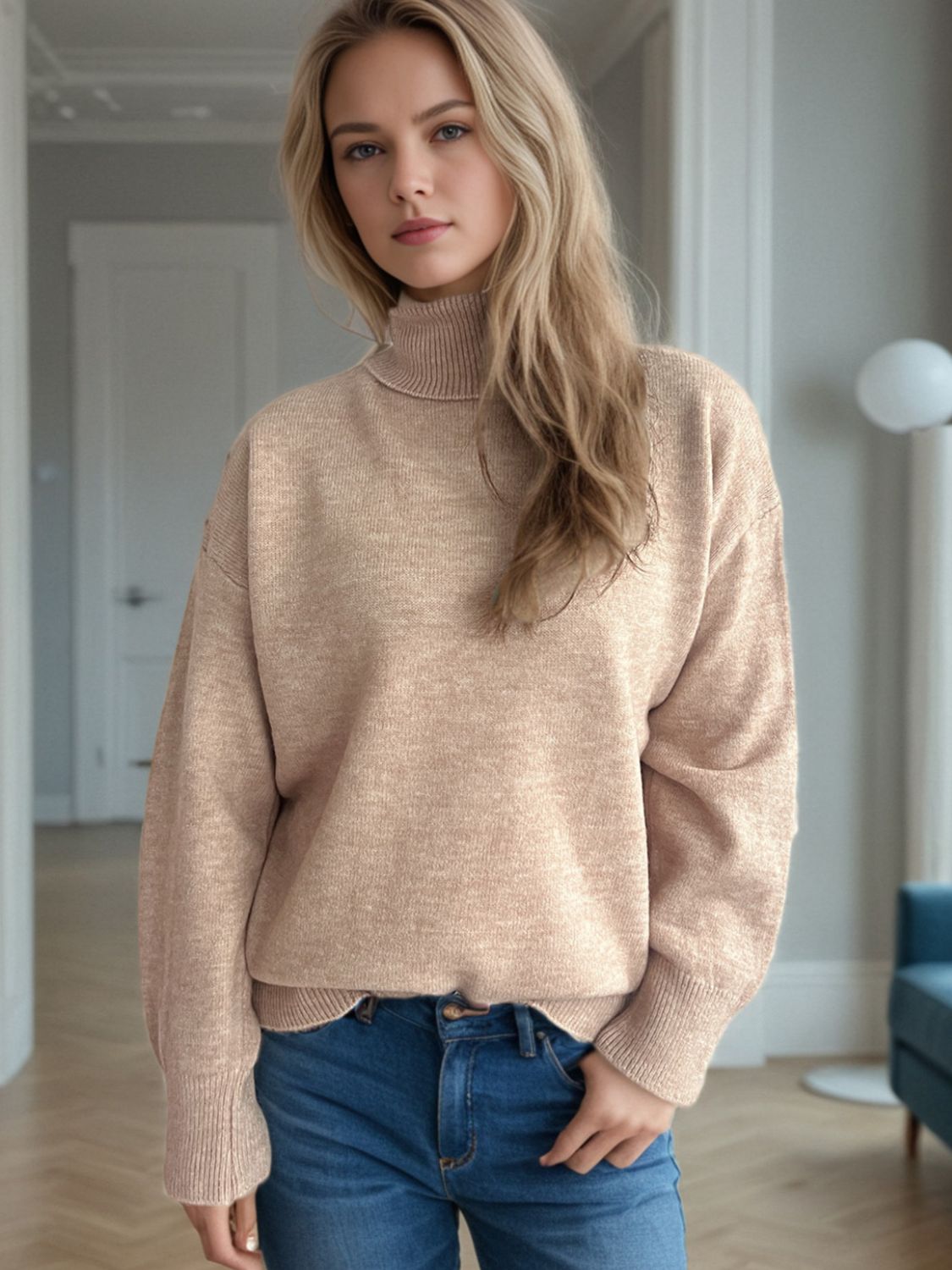 Turtleneck Dropped Shoulder Long Sleeve Sweater-Angel Casuals