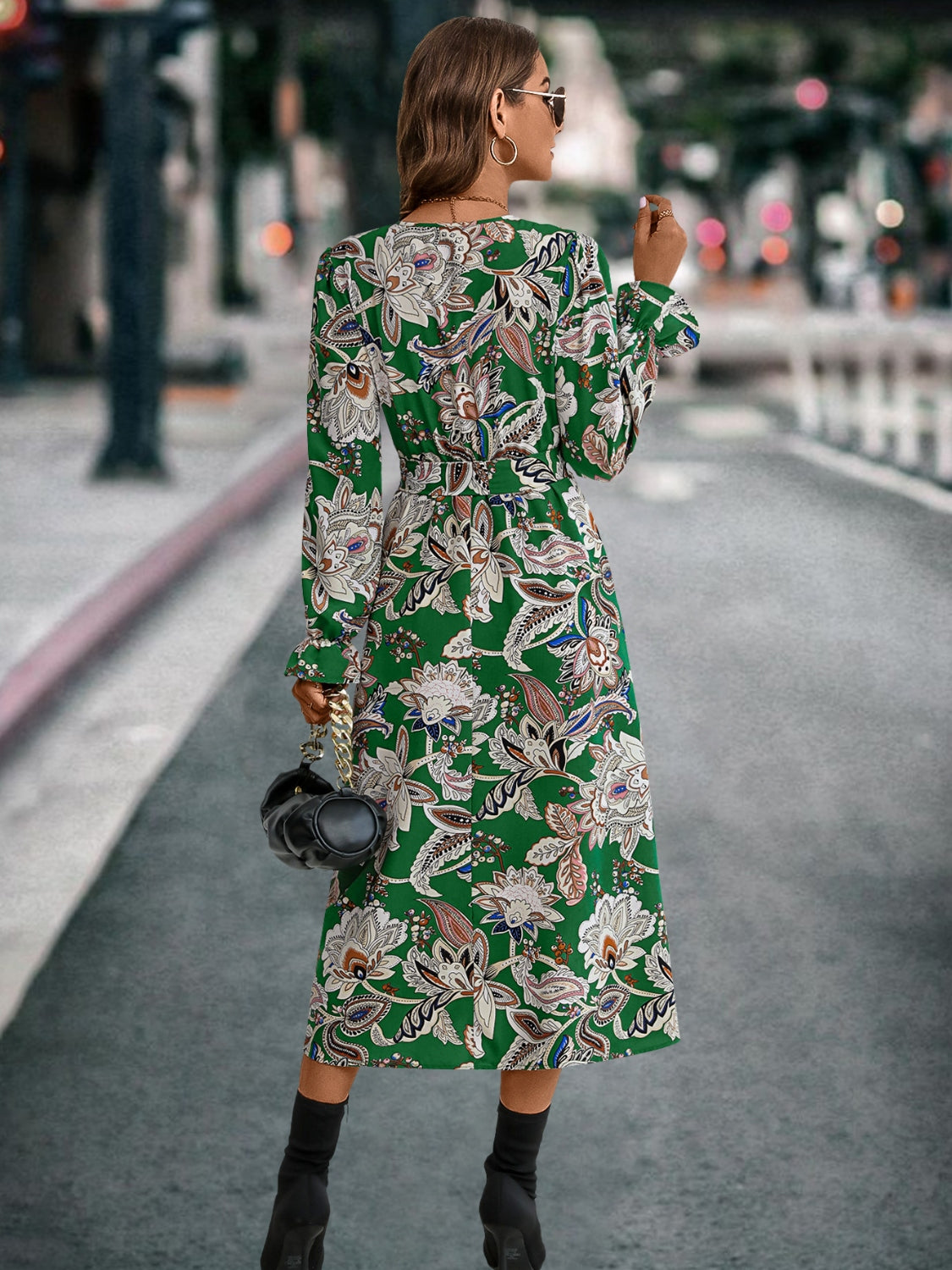Printed Tie Front Surplice Flounce Sleeve Dress-Angel Casuals