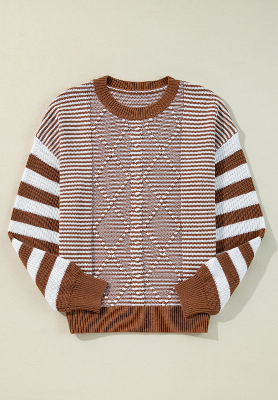 Striped Round Neck Dropped Shoulder Sweater-Angel Casuals