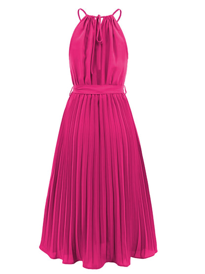 Pleated Spaghetti Strap Tie Waist Midi Dress-Angel Casuals