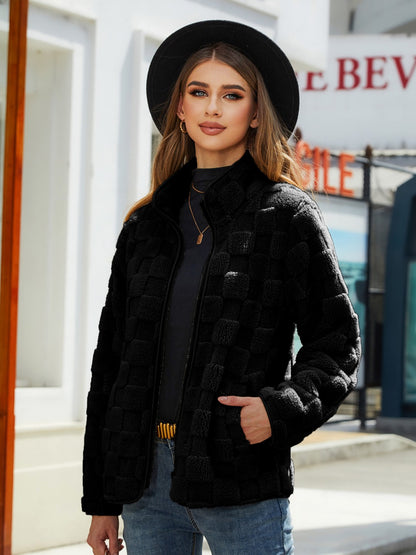 Fuzzy Checkered Zip Up Jacket-Angel Casuals