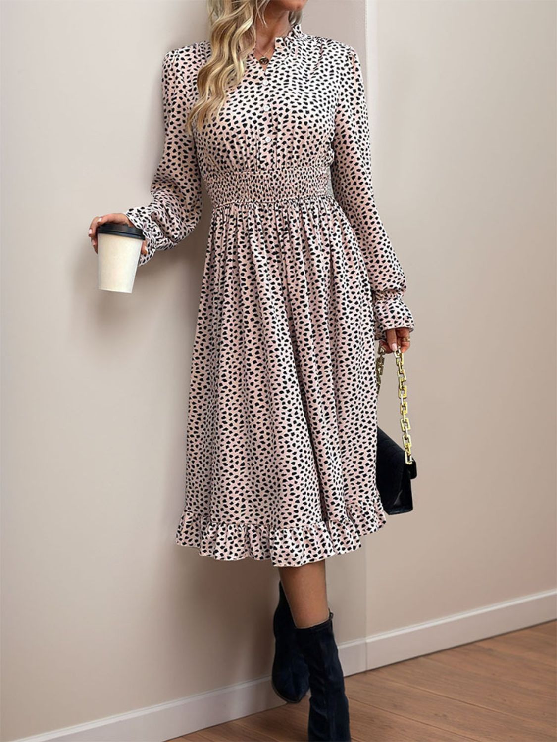 Ruched Ruffled Leopard Long Sleeve Dress-Angel Casuals