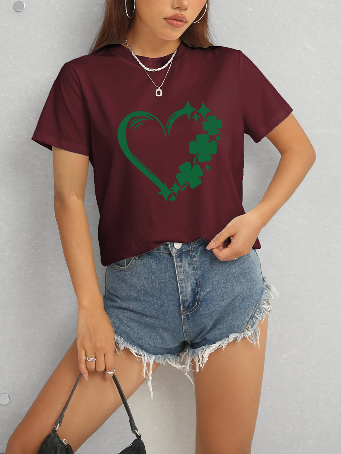 Heart Lucky Clover Round Neck Short Sleeve T-Shirt-Angel Casuals