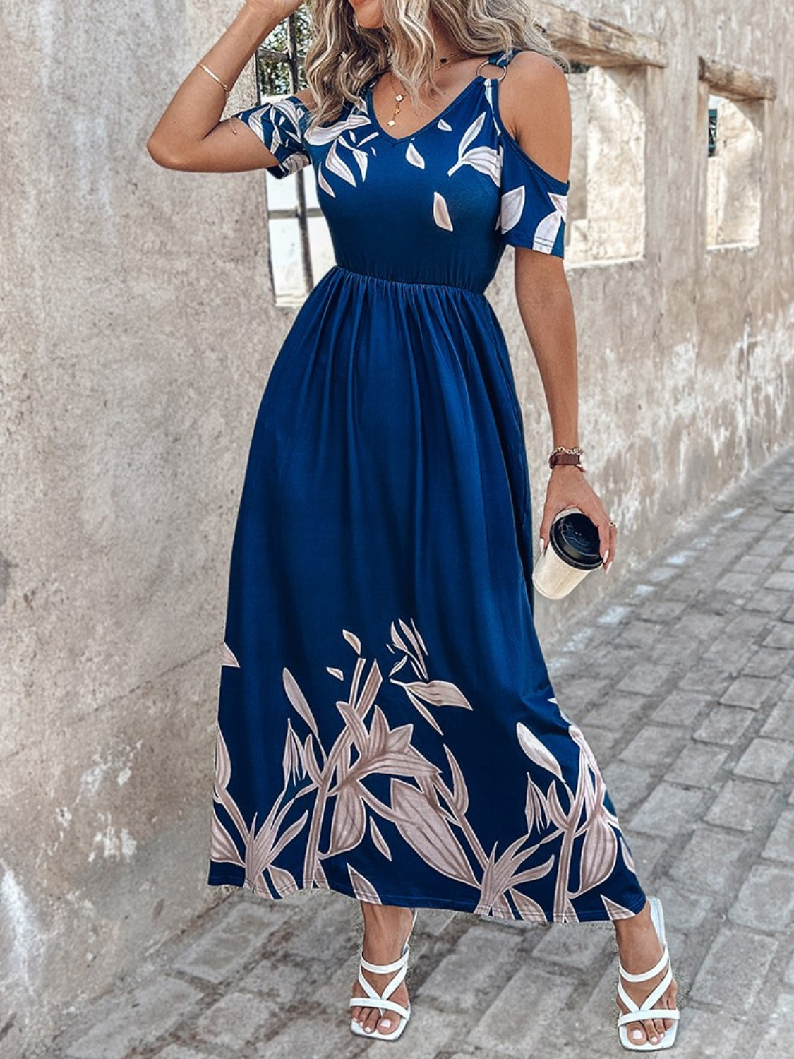 Printed Cold Shoulder Short Sleeve Maxi Dress-Angel Casuals