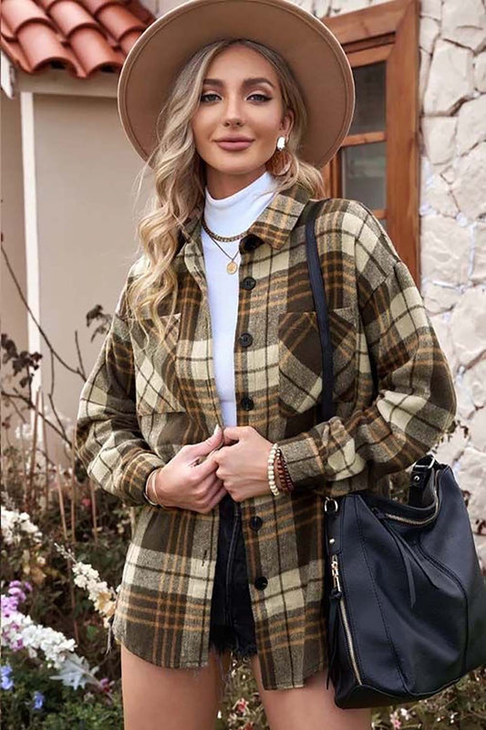 Plaid Collared Neck Button Up Jacket with Pockets-Angel Casuals