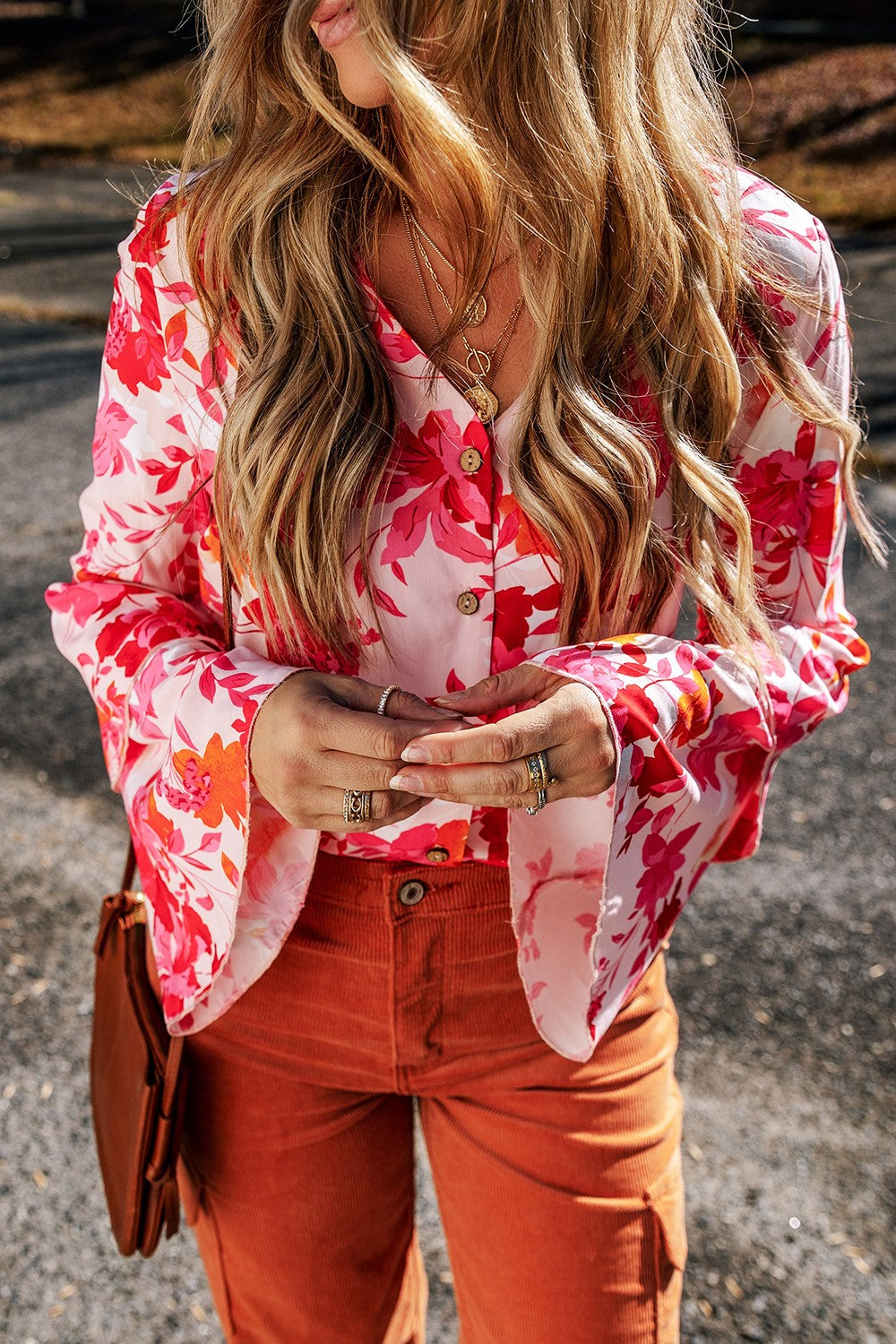 Floral Flare Sleeve Button Up V-Neck Bodysuit-Angel Casuals