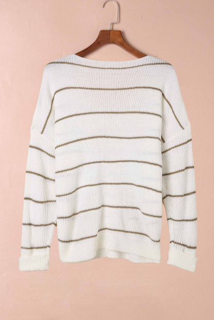 Striped V-Neck Drop Shoulder Sweater-Angel Casuals