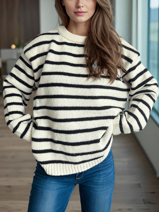 Striped Round Neck Long Sleeve Sweater-Angel Casuals