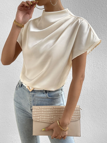 Ruched Mock Neck Short Sleeve Blouse-Angel Casuals